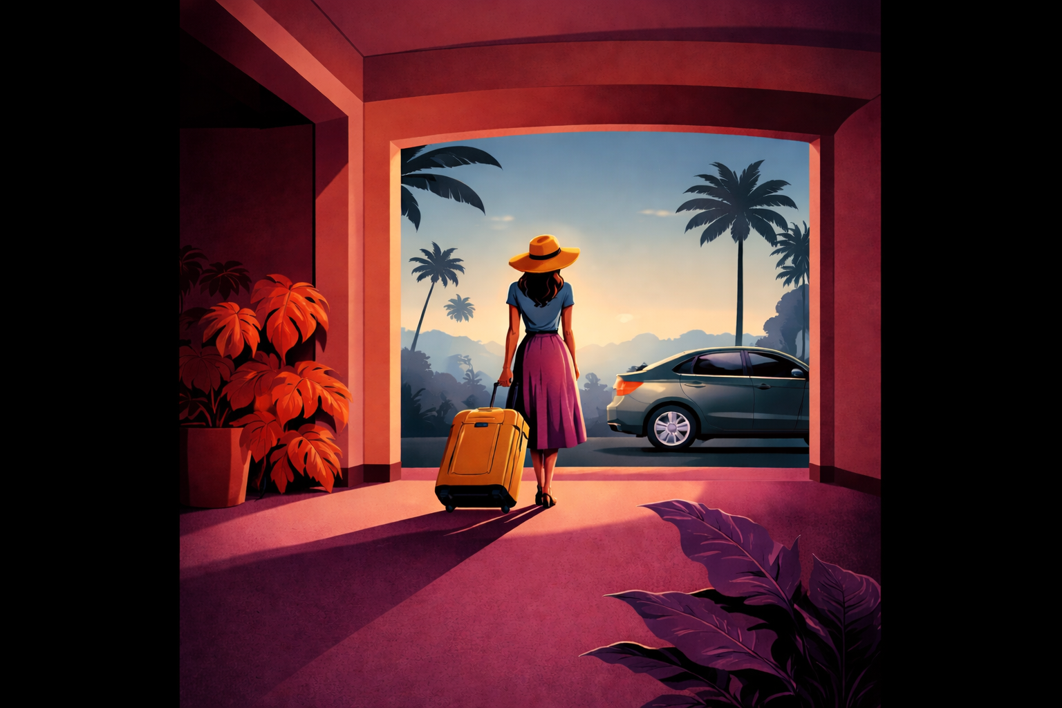 Traveller with luggage beside a car at sunset
